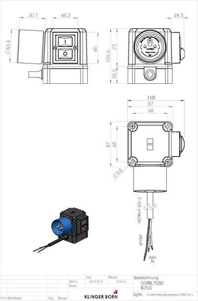 Motorschutzschalter K700 1Ph 230V/3,0kW, Überlastschutz eingestellt auf Motornennstrom, 0098.7050