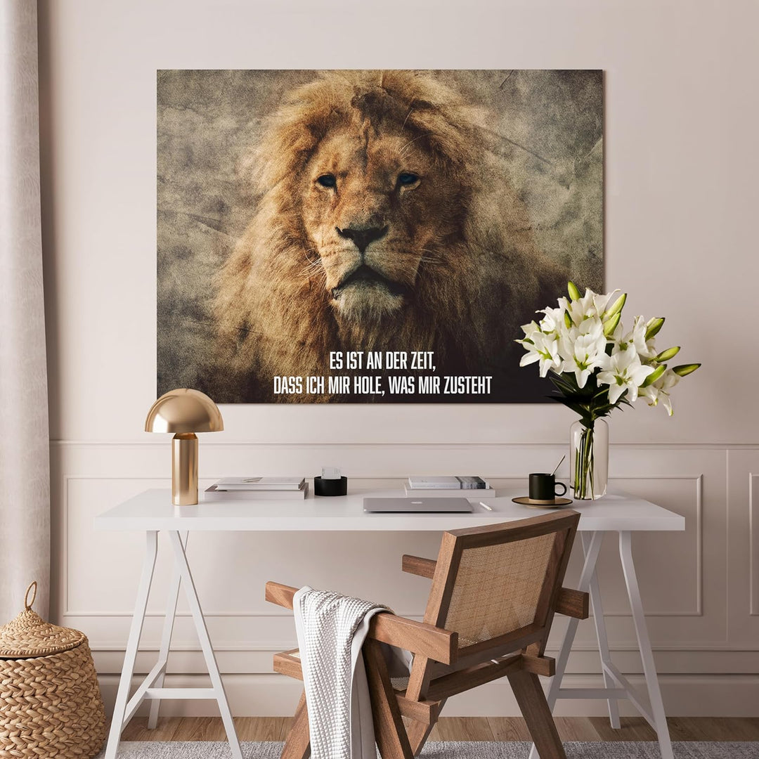 wandmotiv24 Motivations Motiv als Leinwandbild, 100x75cm, Querformat, Es ist an der Zeit, Löwe, Stru