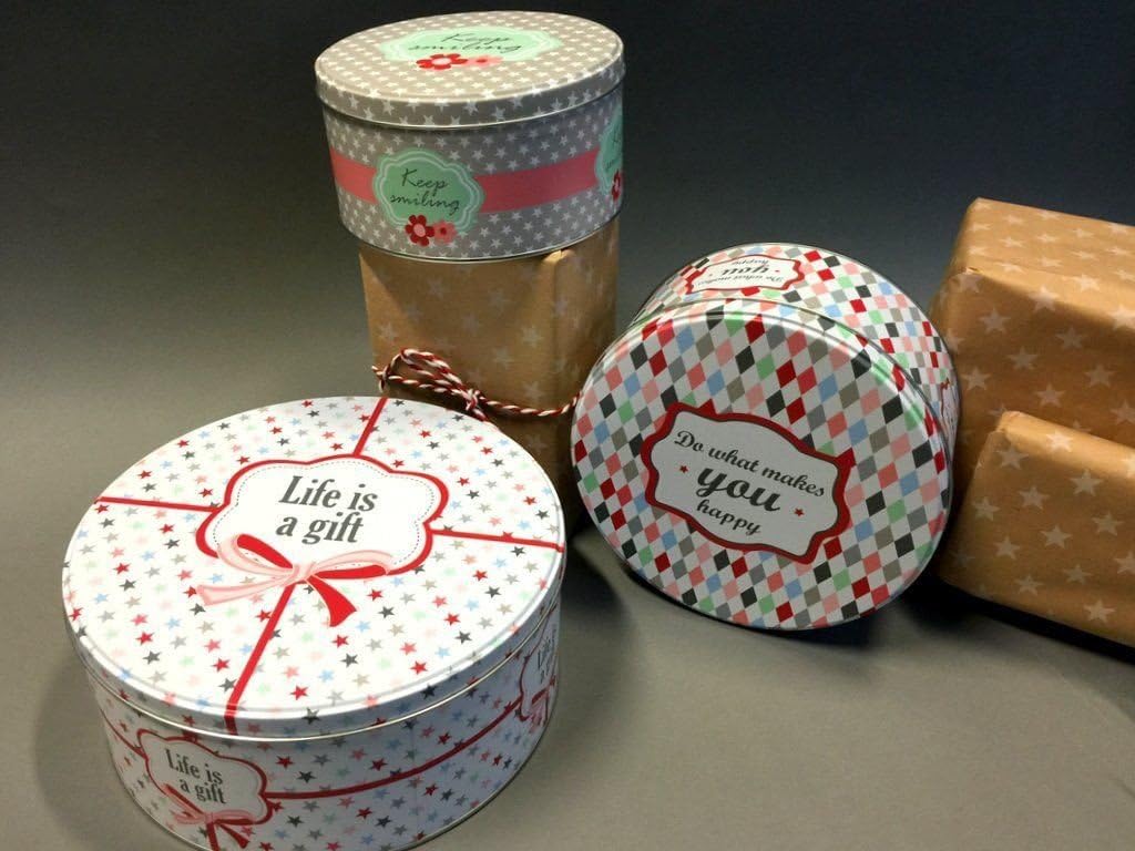 Krasilnikoff - Keksdosen, Blechdosen, Plätzchendose, Dose - 3er Set - Weissblech - Rund