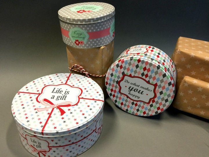 Krasilnikoff - Keksdosen, Blechdosen, Plätzchendose, Dose - 3er Set - Weissblech - Rund