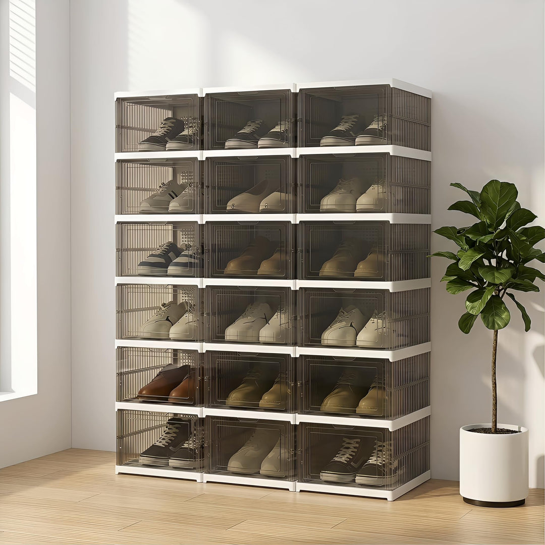 Schuhboxen Stapelbar, 18 Ebenen, Transparent, Faltbar, Dickem Kunststoff, für Sneaker bis Grösse 46,