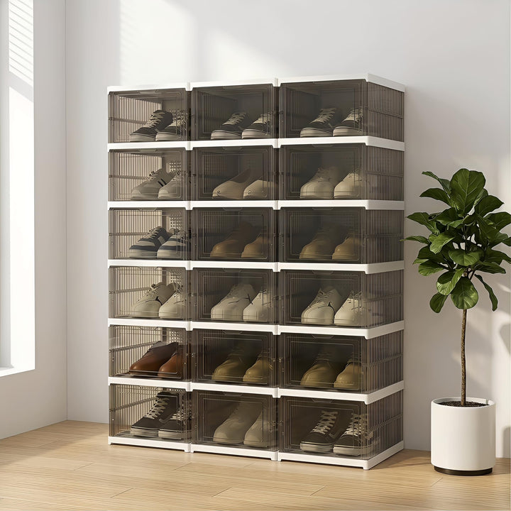 Schuhboxen Stapelbar, 18 Ebenen, Transparent, Faltbar, Dickem Kunststoff, für Sneaker bis Grösse 46,