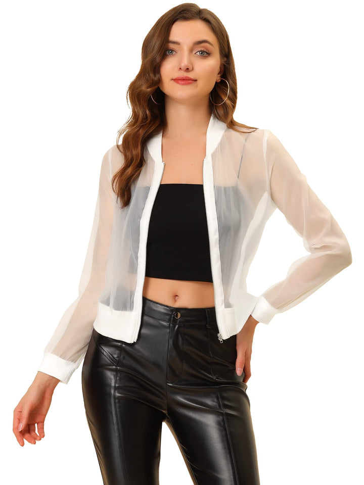 Allegra K Damen Sommer Jacke Langarm Reissverschluss Durchsichtige Transparente Leichte Bomberjacke