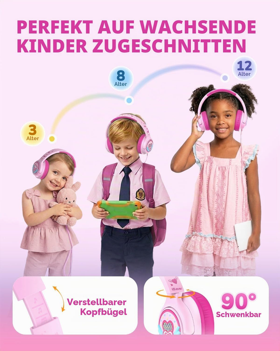 iClever Mädchen Kopfhörer Kinder mit 3,5 mm Kabel für Schule/Tablet/Reisen | SafeSound Tech 3.0, Ste