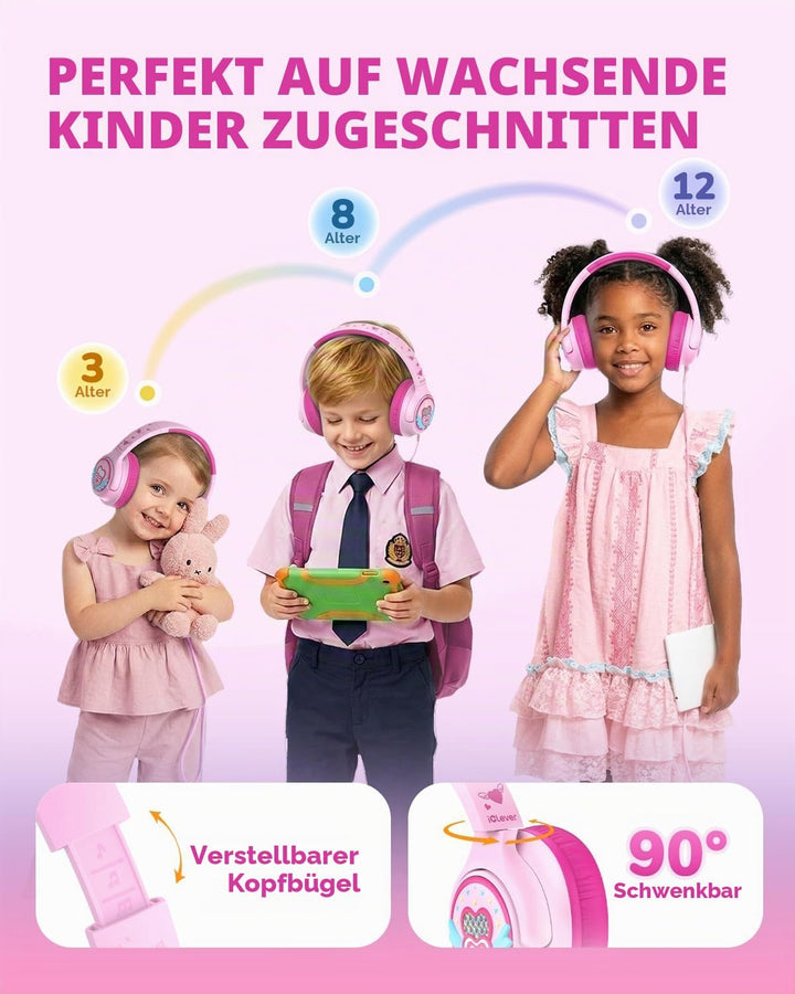 iClever Mädchen Kopfhörer Kinder mit 3,5 mm Kabel für Schule/Tablet/Reisen | SafeSound Tech 3.0, Ste