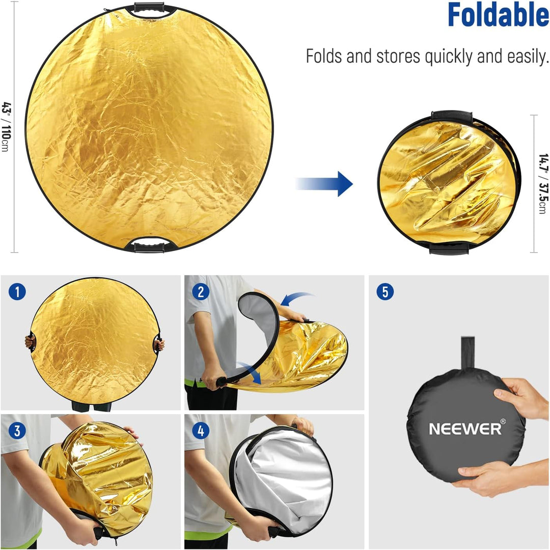 NEEWER 43"/110cm Lichtreflektor mit Handgriff mit 3/8" Gewinde, 5 in 1 Faltscheibe Lichtdiffusor Dur