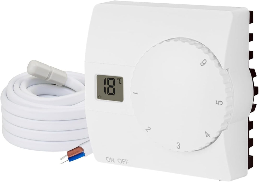 Aufputz Raumthermostat Digital 230V weiss mit internem u. externem Sensor für Wasser- u. elektrische