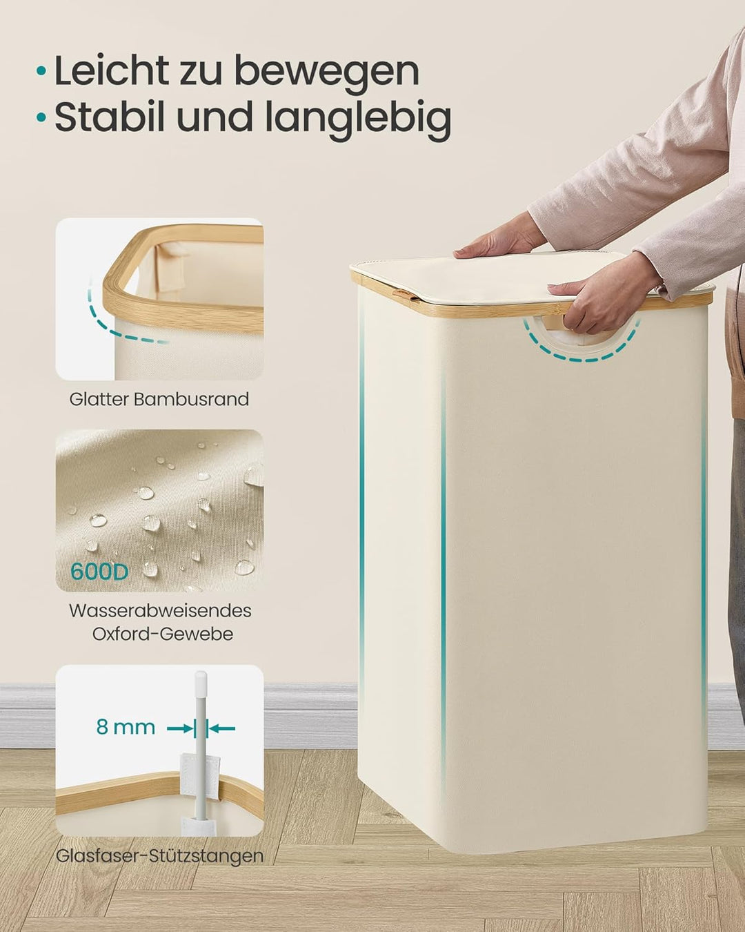 SONGMICS Wäschekorb mit Deckel, Wäschesammler mit 4 Fächern, 200 L, herausnehmbarer Wäschesack, Oxfo