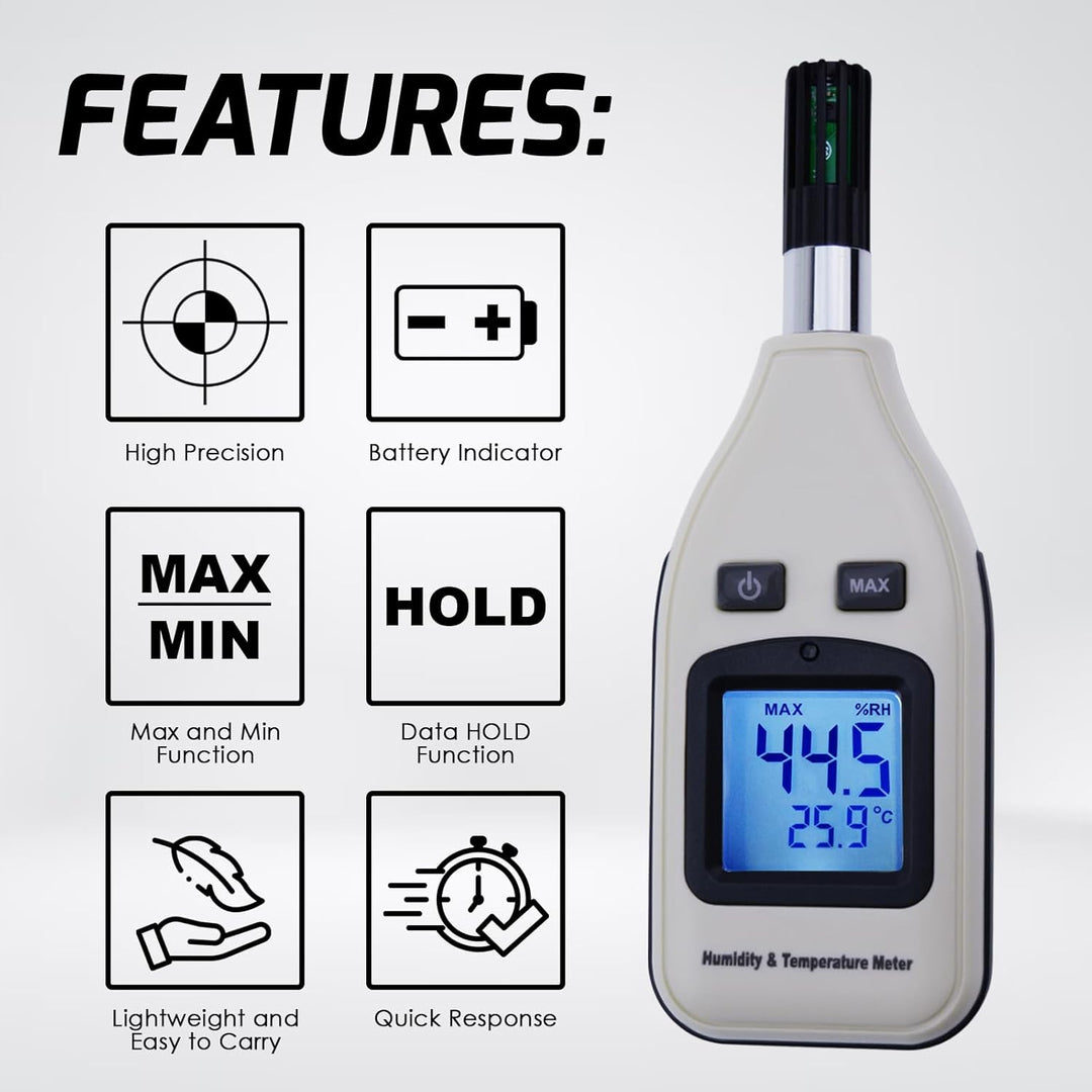 Handheld Digitaler Feuchtigkeits- und Temperaturmessgerät 0~100% RH / -30~70 ° C (-22~158 ° F) 3,7 c