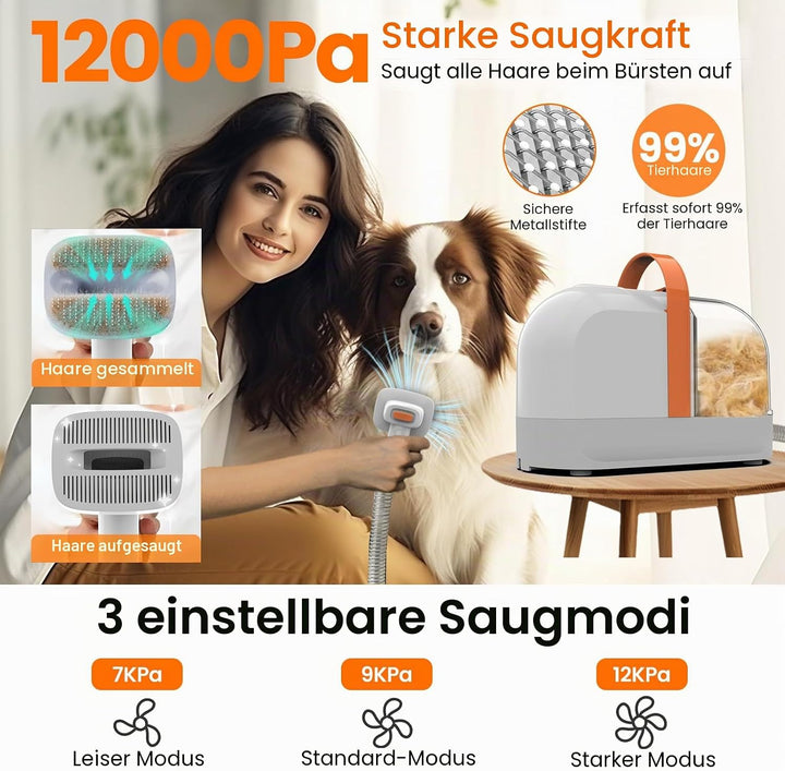 Hundepflege Vakuum Saug 99% Tierhaare PG10 Hundeschermaschine mit Staubsauger 12000 Pa, Hundebürste