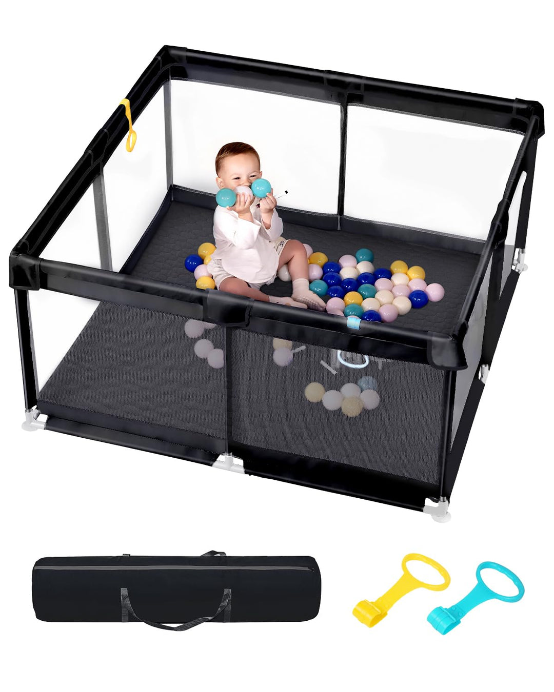 Laufstall Baby mit Spielmatte,Laufgitter Baby,Kinderzaun mit Atmungsaktivem Netz,Tragbarer Laufstall
