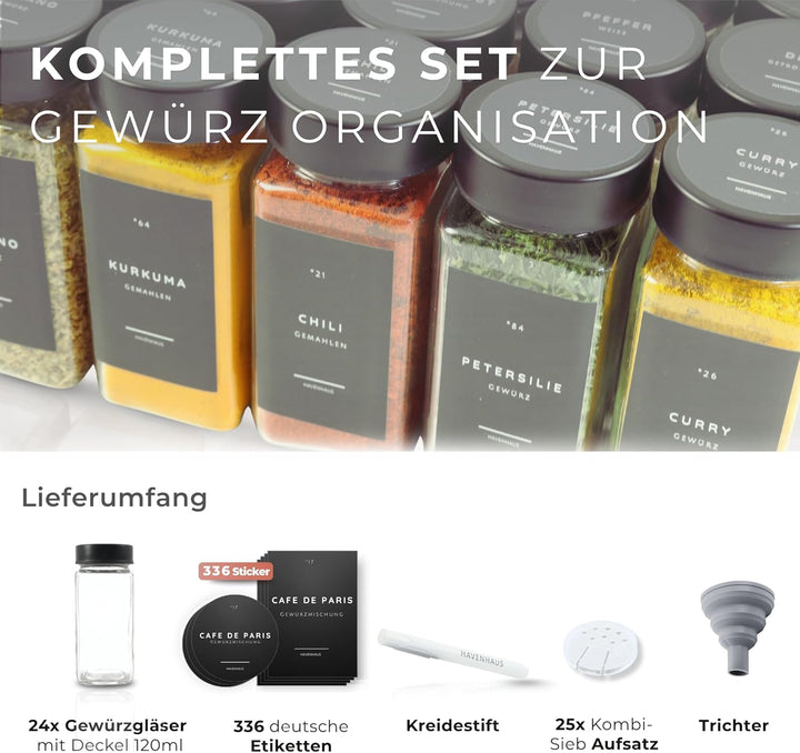 Gewürzgläser Set | hochwertiges Komplettset aus 24x Gewürz Gläser [120ml] inkl. 336 deutschen Gewürz