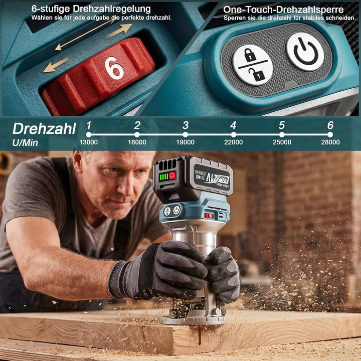 Yofuly Akku Oberfräse Kantenfräse für Maa-kita 18V Akku, 800W Einhandfräse Holzfräser mit 2 * 4.0Ah