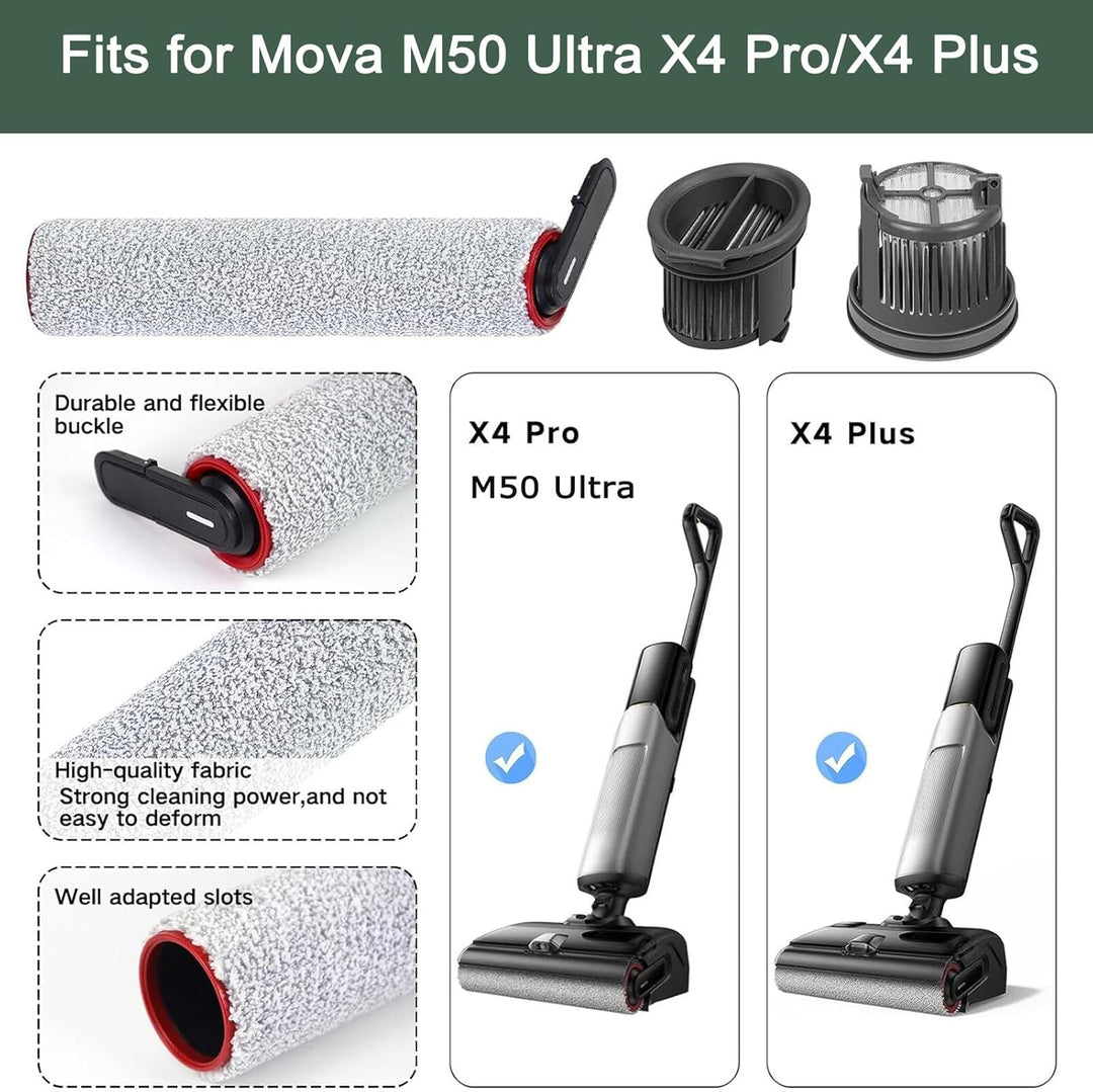 Bürstenrolle und Filter Zubehör für Mova X4 Pro/X4 Plus Nass- und Trockensauger Ersatzteile, 2 Bürst