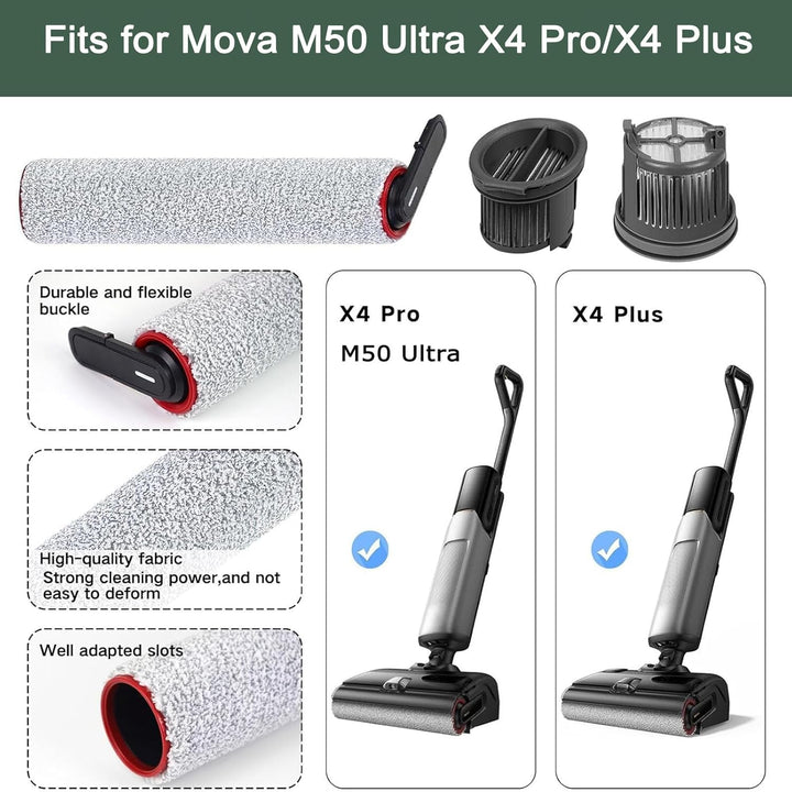 Bürstenrolle und Filter Zubehör für Mova X4 Pro/X4 Plus Nass- und Trockensauger Ersatzteile, 2 Bürst