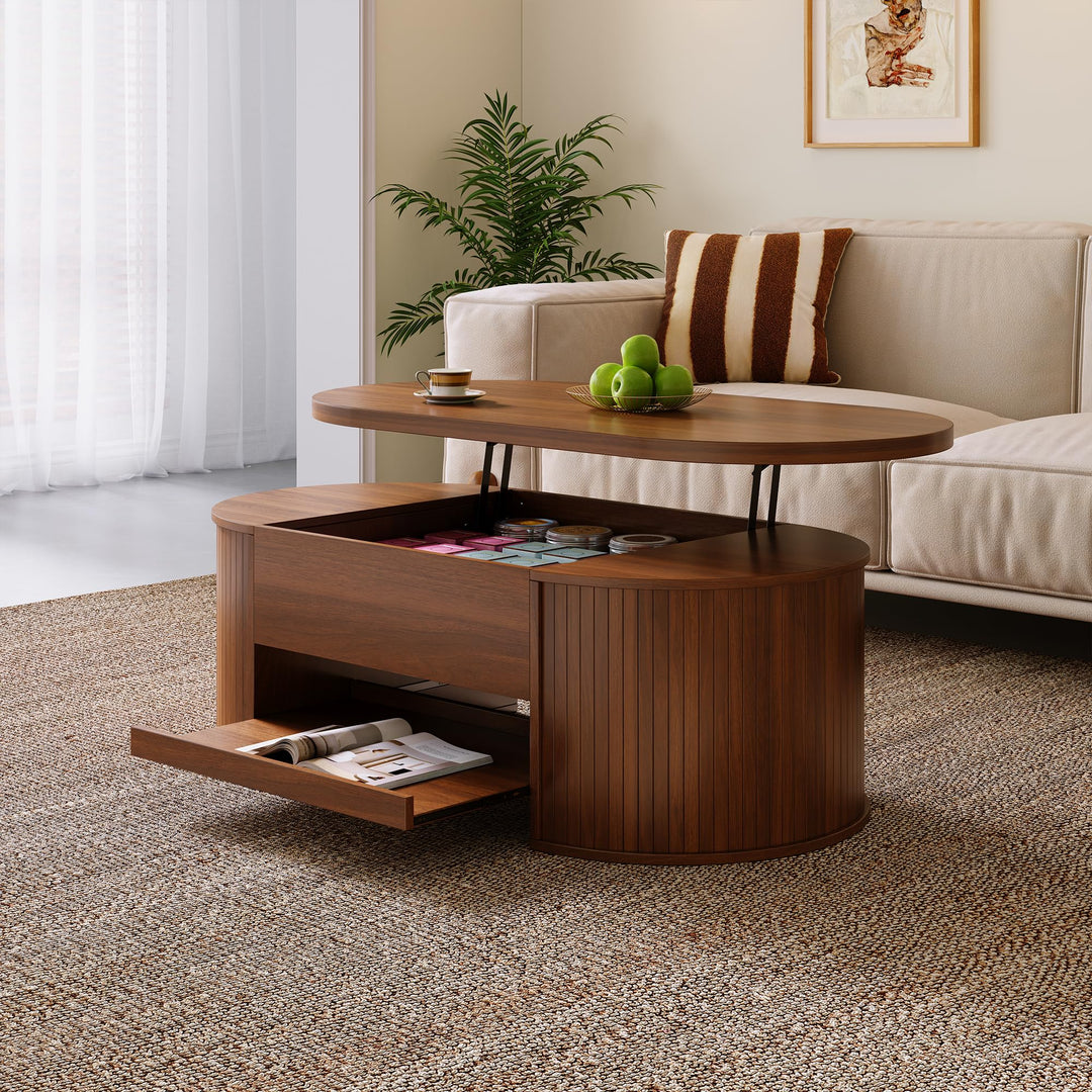 Merax Anhebbarer Couchtisch 110x55,5x40 cm, Höhenverstellbar mit Gebogenen Holzseiten, Ausziehbares