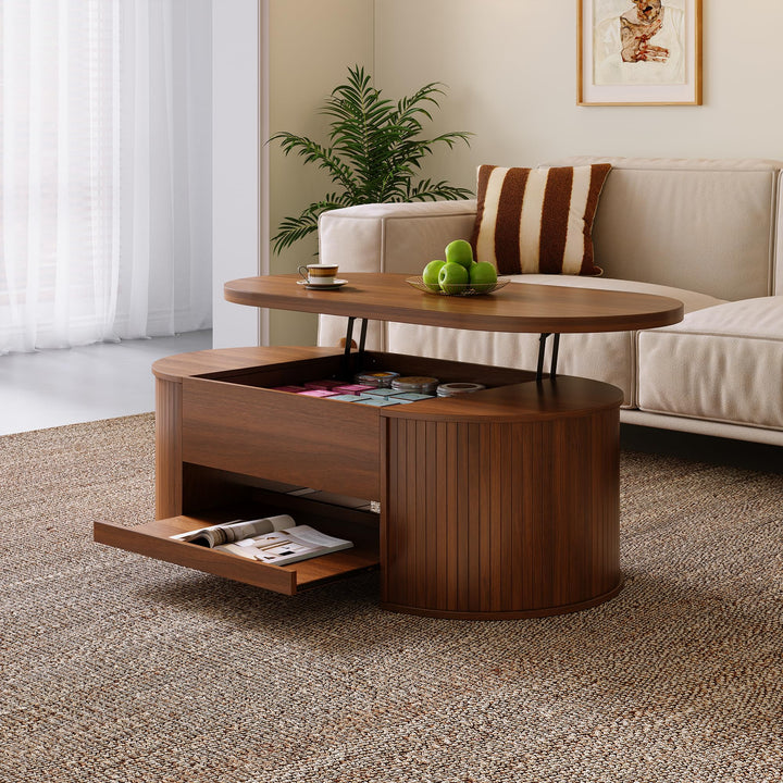 Merax Anhebbarer Couchtisch 110x55,5x40 cm, Höhenverstellbar mit Gebogenen Holzseiten, Ausziehbares