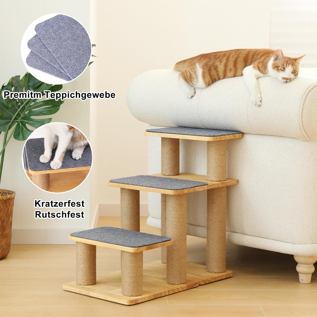 FUKUMARU Hundetreppe, 3 Stufen Haustiertreppe, Katzentreppe aus Kiefernholz und Jute，18-51cm einstel