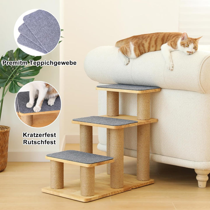 FUKUMARU Hundetreppe, 3 Stufen Haustiertreppe, Katzentreppe aus Kiefernholz und Jute，18-51cm einstel