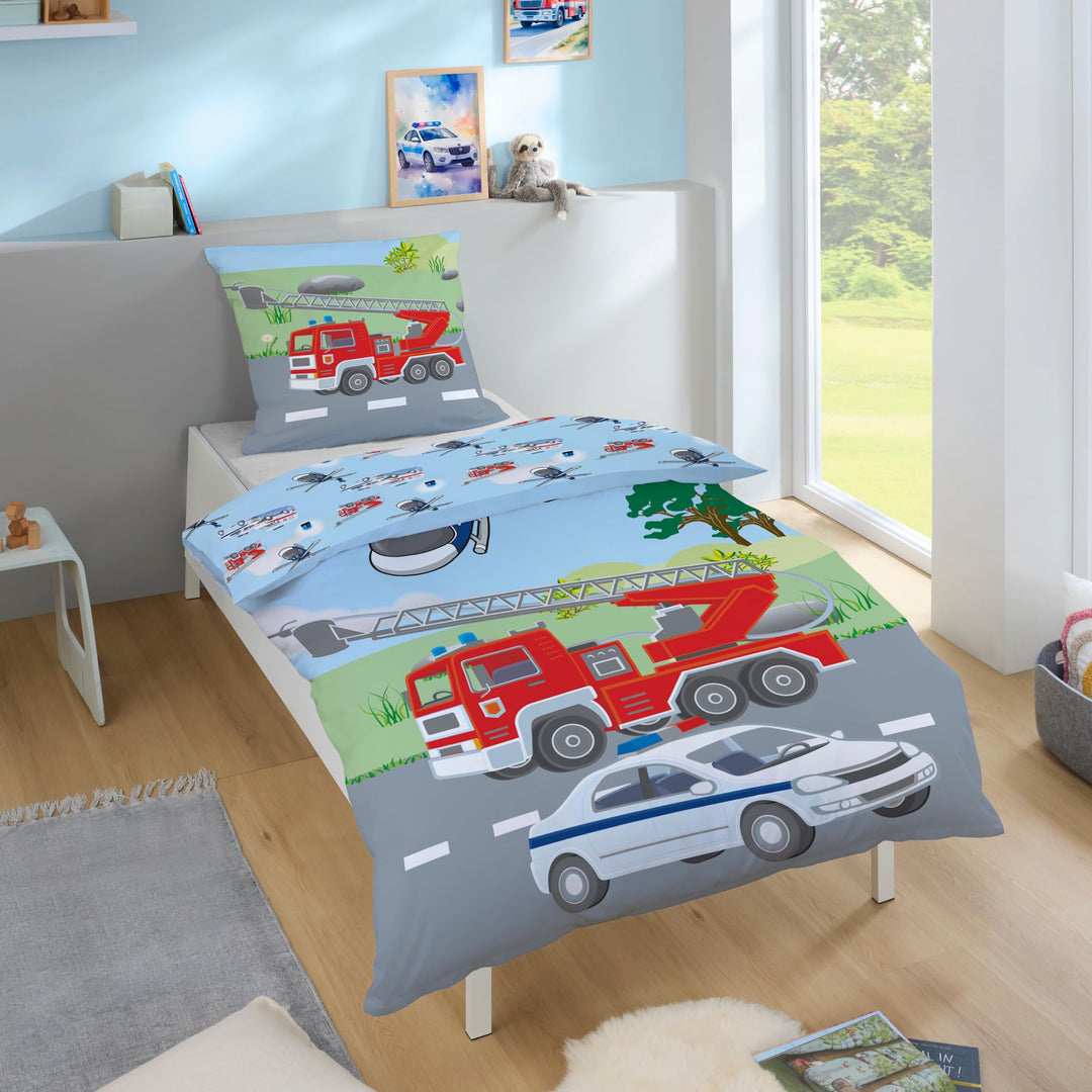 TexIdea Polizei Feuerwehr Bettwäsche Set · Wende-Motiv · Bett-bezug 135x200 cm · Kopfkissen-bezug 80