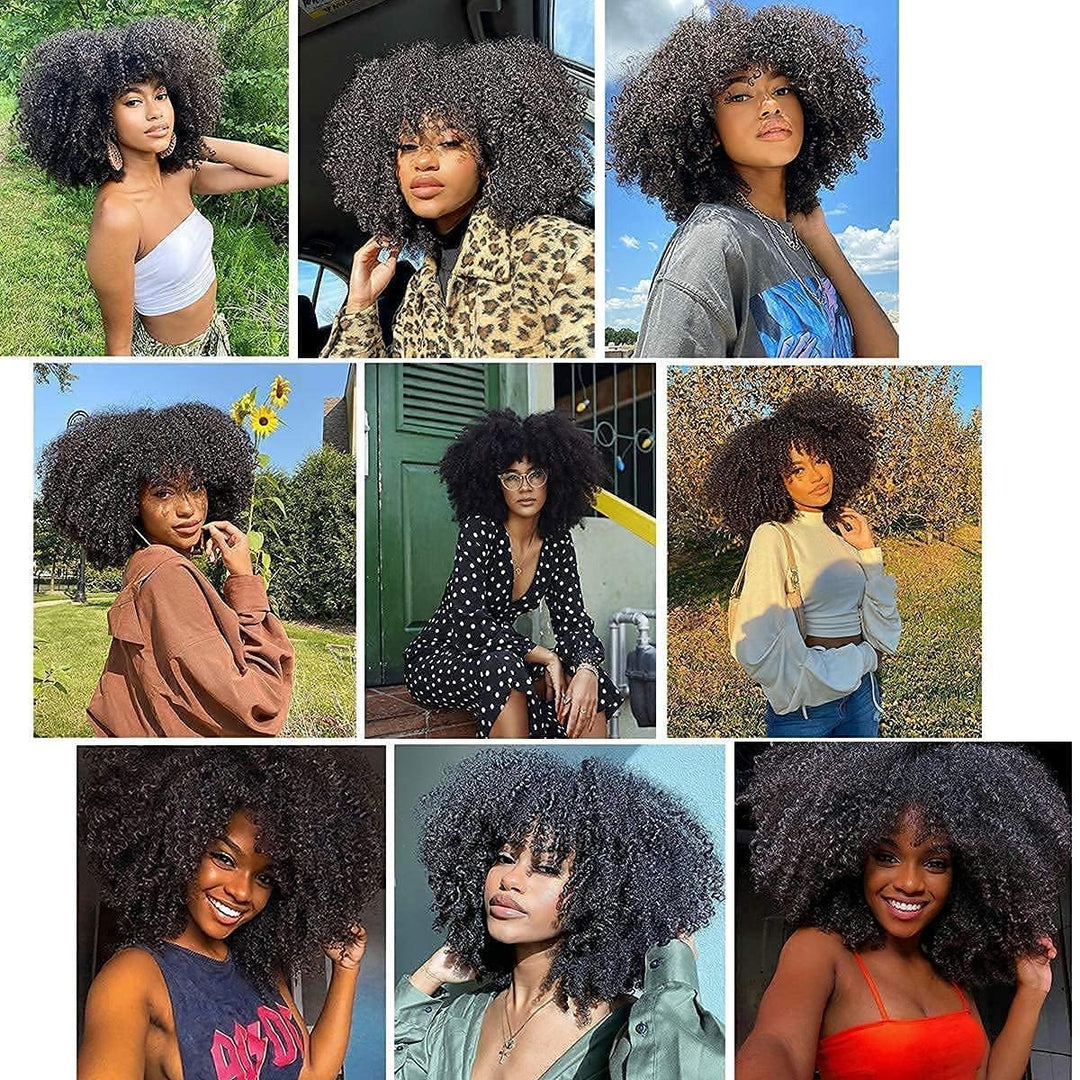 Human Hair Wig Afro Kinky Curly Human Hair Wig With Bang For Women None Lace Human Hair Wig Glueless