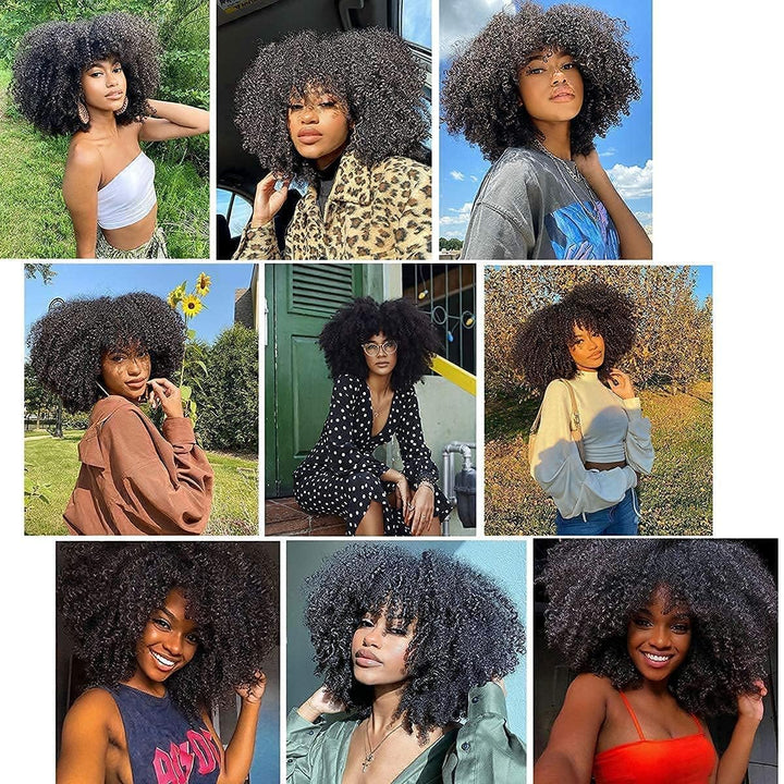 Human Hair Wig Afro Kinky Curly Human Hair Wig With Bang For Women None Lace Human Hair Wig Glueless