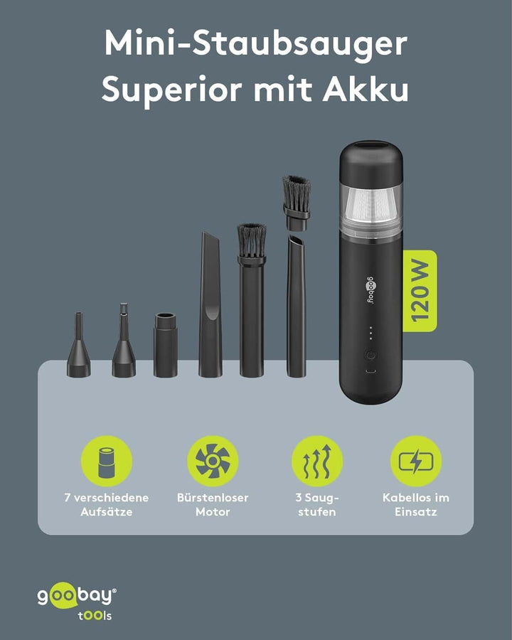 goobay Mini-Staubsauger Superior/Akku-Handstaubsauger für Auto, Haus, Wohnmobil, 120W, 7 Düsen, 3 Bü