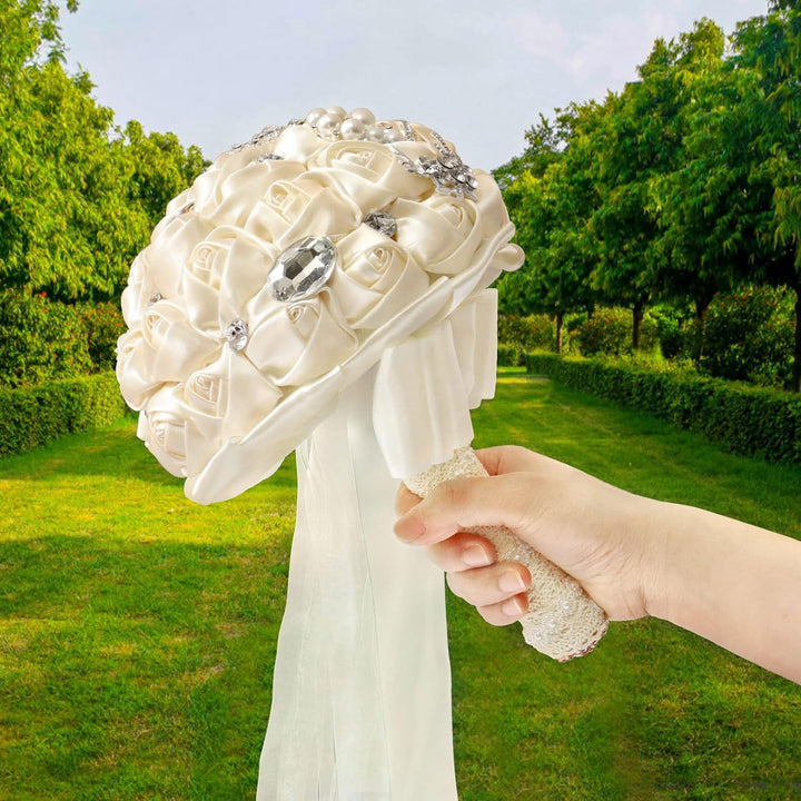 Fouriding Handgemachte Brosche Brautstrauss Braut Satin Rosen Blumen Strass Perlen Blumensträusse Ho