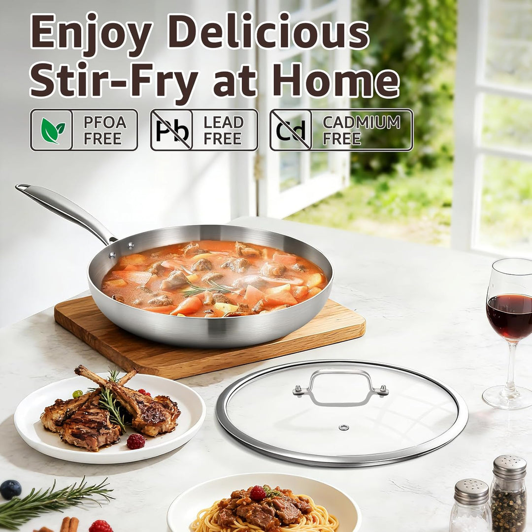 Inqibee Edelstahlpfanne Bratpfanne Unbeschichtet 26 cm mit Deckel - Pfanne Edelstahl, Stainless Stee