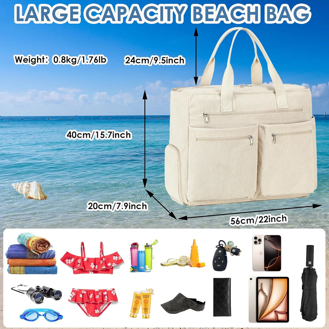 Makukke Strandtasche XXL, Cord Weekender Damen mit Schuhfach, Gross Faltbar Badetasche mit Reissvers