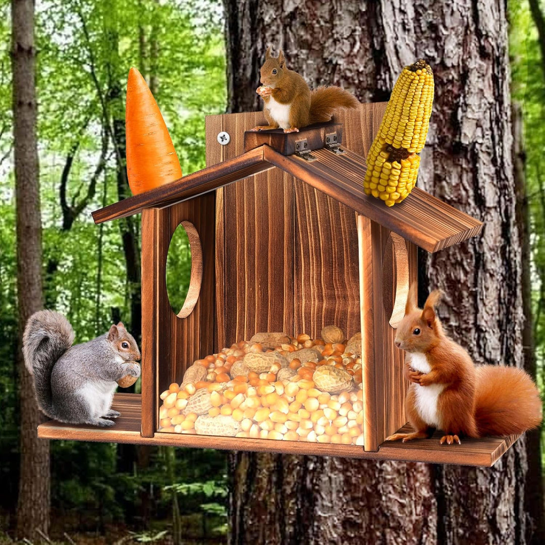 Eichhörnchen Futterhaus mit Sichtfenster & Klappdach - Wetterfeste Futterstation für Nüsse, Mais und