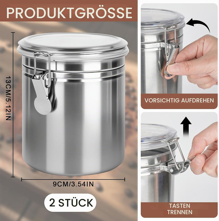 2 Stück Kaffeedose Luftdicht mit Deckel, 850ml Kaffeebohnen Behälter aus Edelstahl, kaffeebohnen auf
