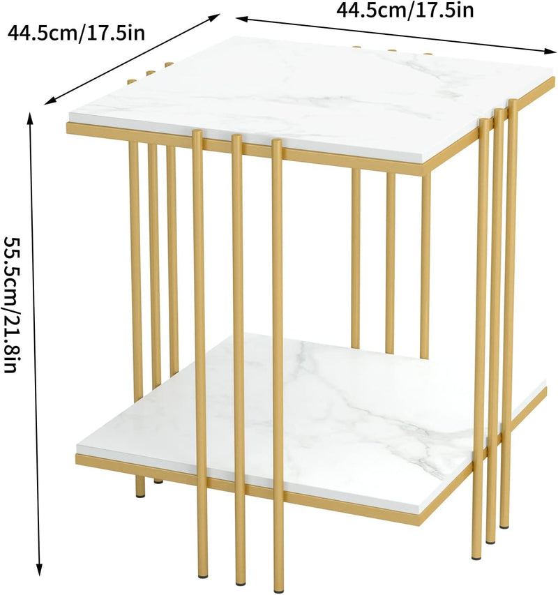 FATIVO Beistelltisch Gold Nachttisch Marmor: 2 Ablagen Couchtisch Wohnzimmertisch mit Goldenem Metal