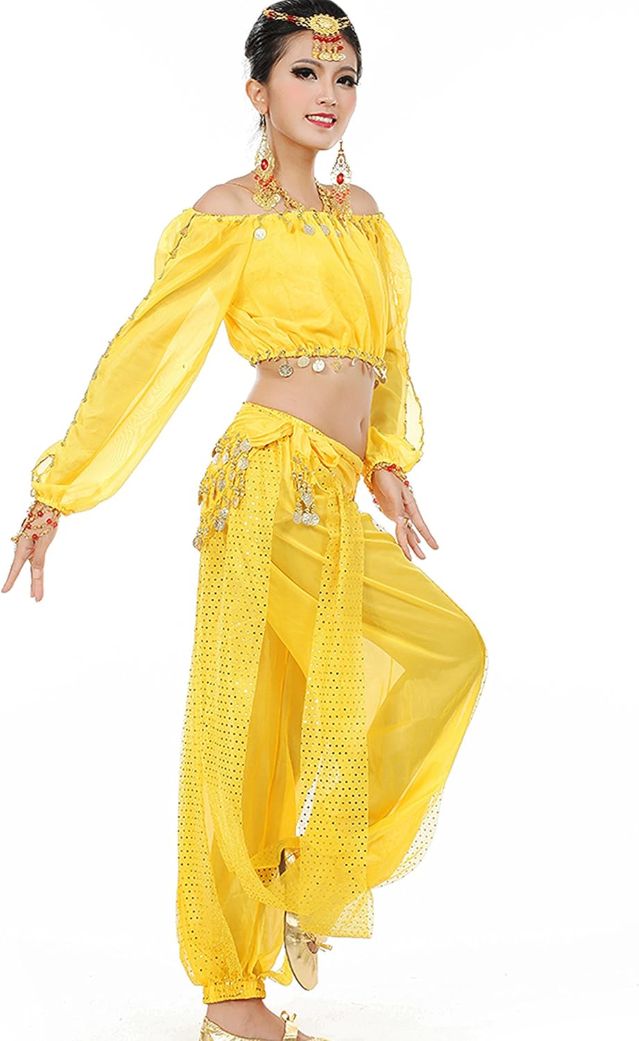 Astage Frauen Bauchtanz Anzug Kostüm Active Wear Longsleeve Top Hosen Taille-Gürtel-Sets Gelb 32-40,