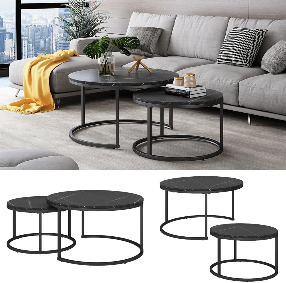 Vicco Couchtisch-Set Montreal, Schwarz/Schwarzer Marmor, 77 x 40 cm 2 Teile 2er Set Schwarz, 2er Set