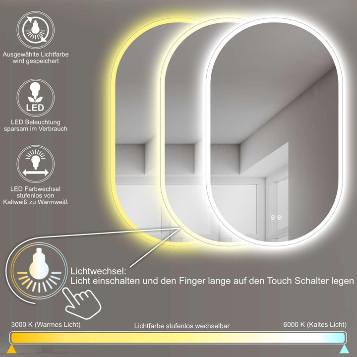 HOKO Design ANTIBESCHLAG Badezimmer Spiegel oval 50 x 90 cm. HOCH + QUER Montage möglich. Grosser LE