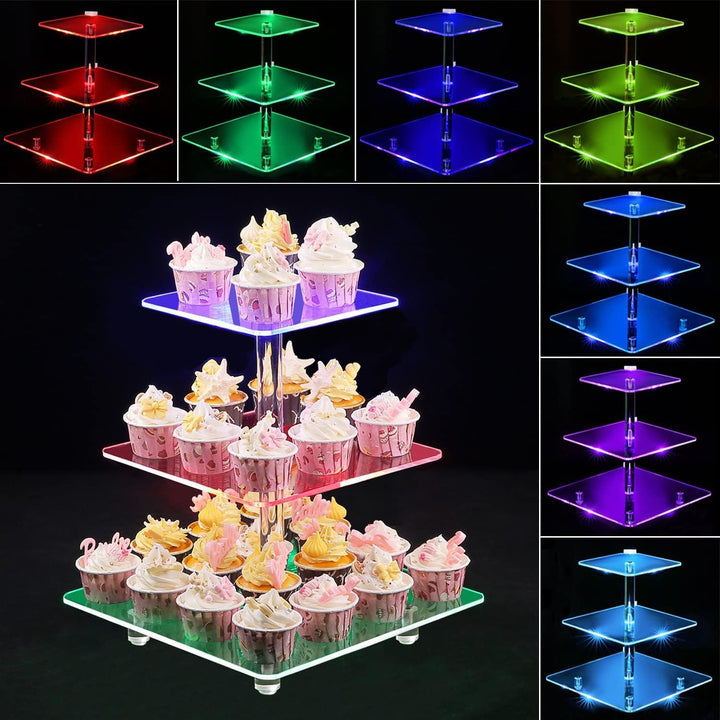 3 Etagen Cupcake Ständer, Ulifeme Wiederaufladbarer LED-Licht Quadrat Transparenter Dessert Tortenst