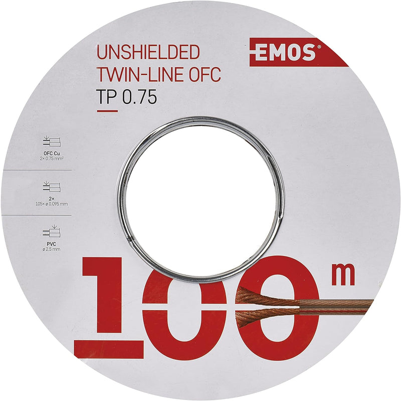 EMOS Lautsprecherkabel OFC 2 x 0,75 mm2, 100 Meter HiFi Audio Boxenkabel aus reinem Kupfer für Lauts