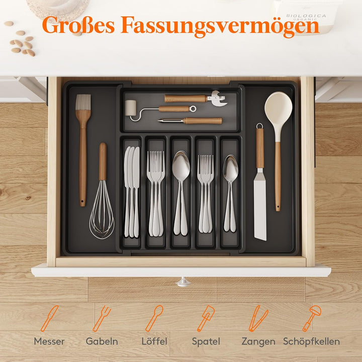 Lifewit Besteckkasten für Schubladen mit Rutschfestes TPR, verstellbarer Kunststoff Organizer Küche