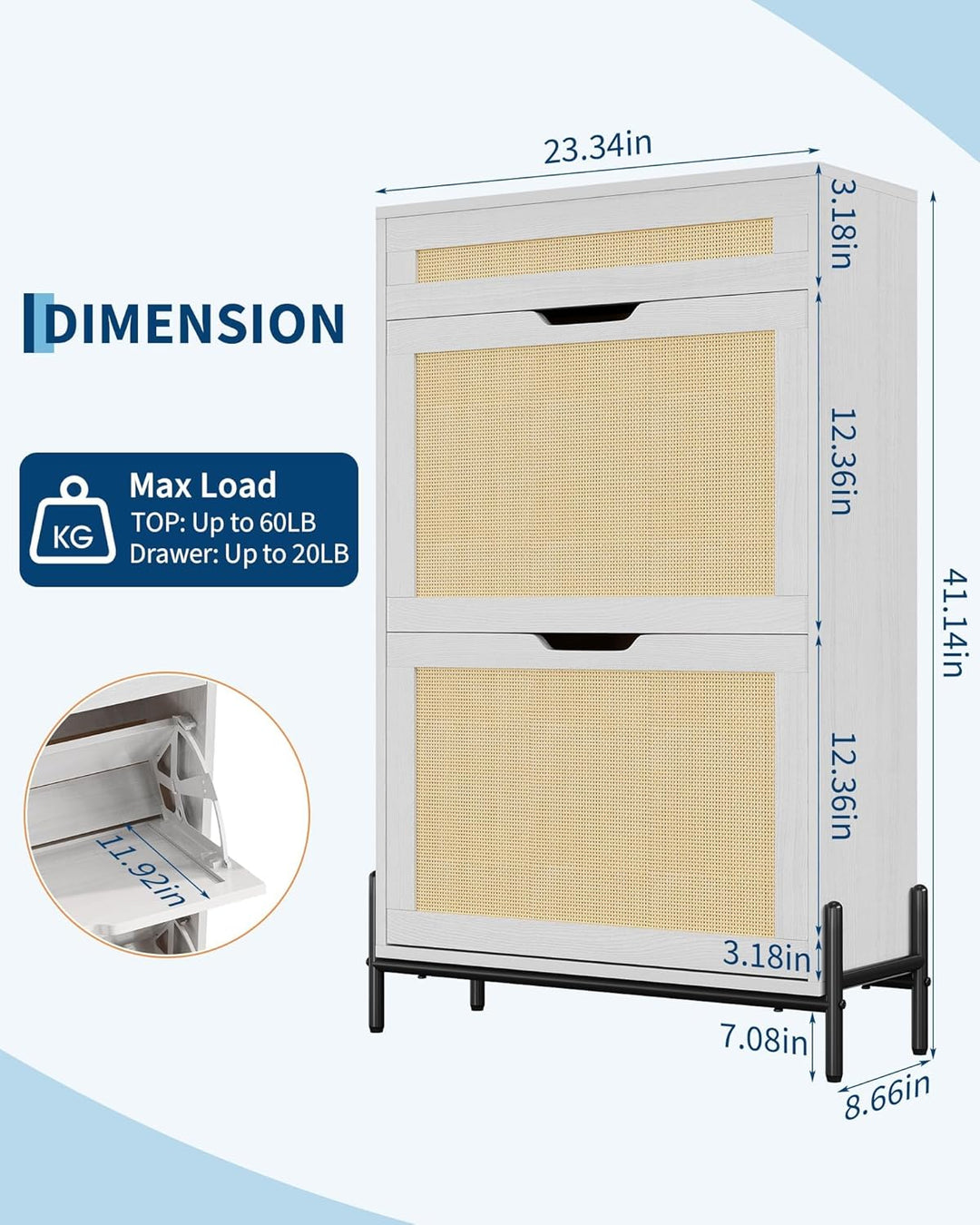 60×22×H104 Schuhschrank, 2 Klappen & 1 Schubladen, Rattan & Verstellbare Ablagen & Geschlossenes, Sh