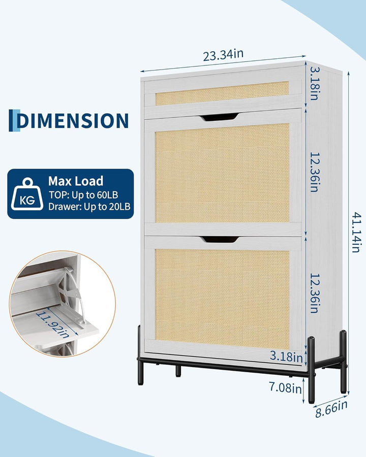 60×22×H104 Schuhschrank, 2 Klappen & 1 Schubladen, Rattan & Verstellbare Ablagen & Geschlossenes, Sh
