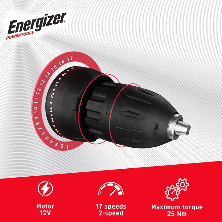 Energizer 12-V-Akkuschrauber – Eingebauter Akku – 25 Nm – 10-mm-Bohrfutter – 1,5 m USB-A/USB-C-Kabel