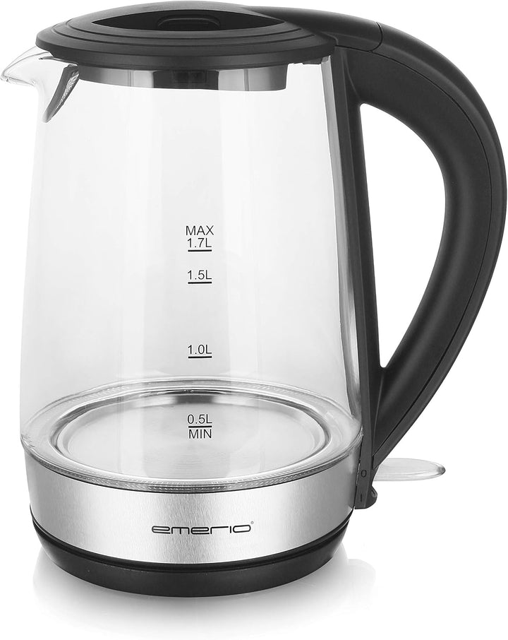 Emerio WK-123131, Glas Wasserkocher 1.7L, BPA frei, bestes Borosilikatglas, 2200 Watt, schöne blaue