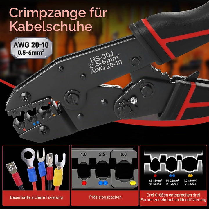 Crimpzange Set, Kabelschuhzange mit Ratschenfunktion für isolierte Verbinder 0,5-6mm², Crimpwerkzeug