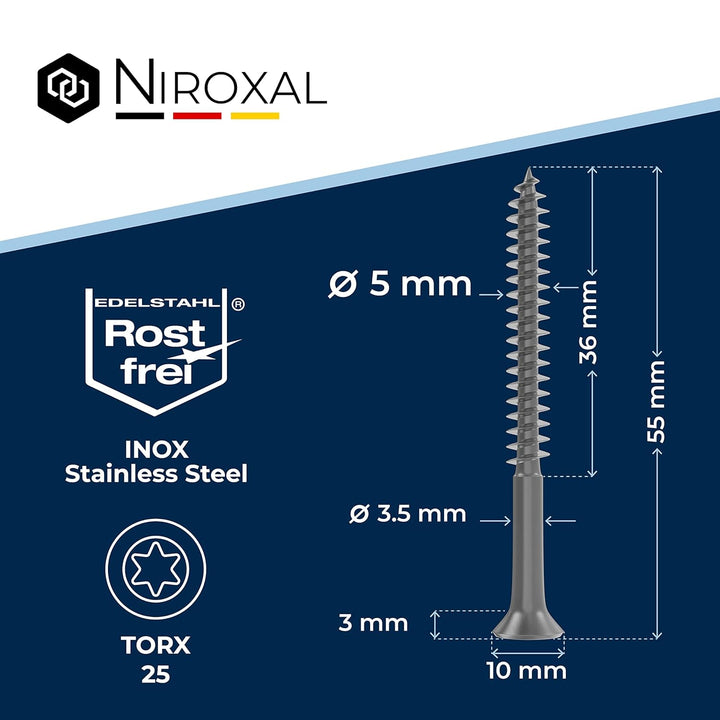 Holzschrauben Torx Schrauben 5x55 Edelstahl V2A rostfrei Spanplattenschrauben für Holz Teilgewinde 5