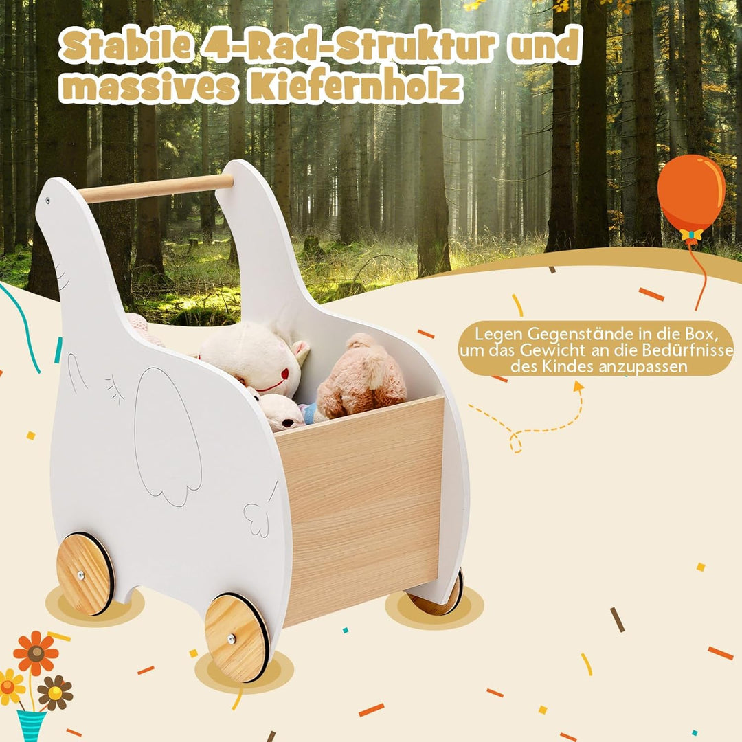 GOPLUS Kinder Lauflernwagen mit Spielzeugkiste, Baby Elefant Lauflernhilfe aus Holz mit rutschfesten