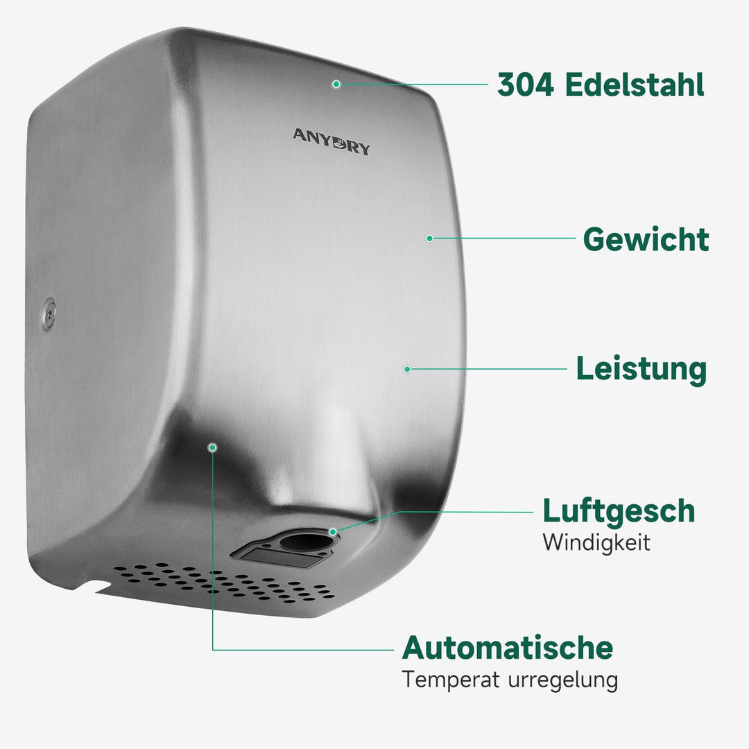 anydry 2803Y Mini-Händetrockner, Hochgeschwindigkeits-Luftstrom 1350W, Edelstahl-Gestrahlte Oberfläc