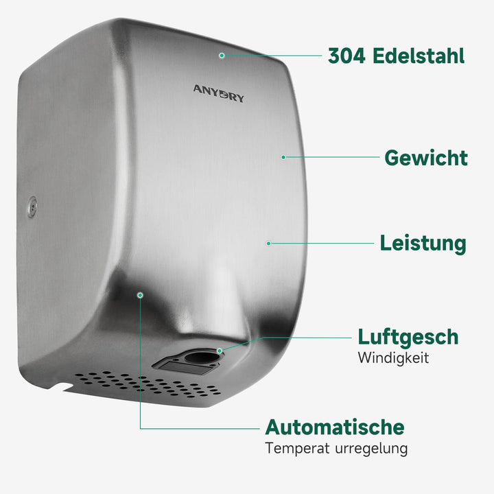 anydry 2803Y Mini-Händetrockner, Hochgeschwindigkeits-Luftstrom 1350W, Edelstahl-Gestrahlte Oberfläc