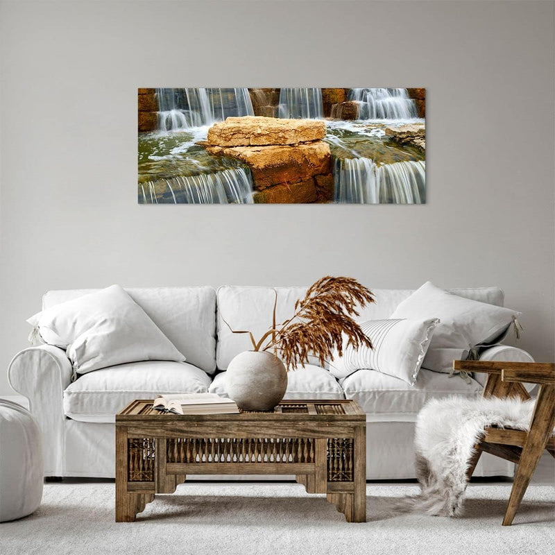 Panorama Bilder auf Leinwand 100x40cm Leinwandbild Wasserfall Steine Wasser Gross Wanddeko Bild Schl