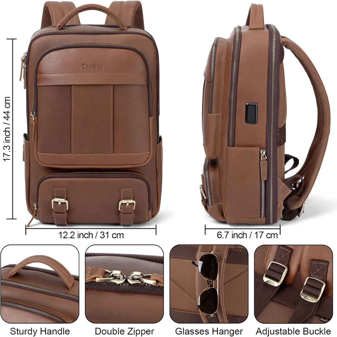 Tzowla Lederucksack Herren,Tasche für Damen Echtleder,Laptop Rucksack für Business und Arbeit für 15